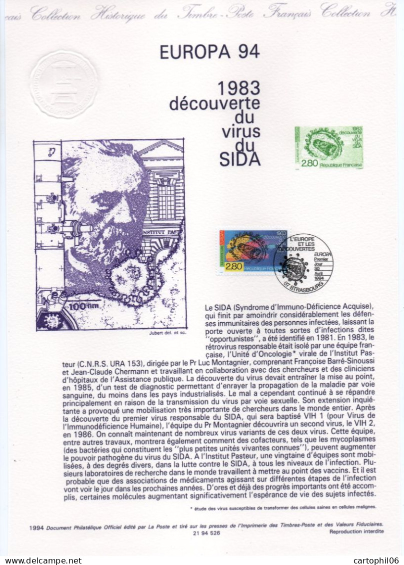 - Document Premier Jour EUROPA 94 - 1983 Découverte Du Virus Du SIDA - STRASBOURG 30.4.1994 - - Disease