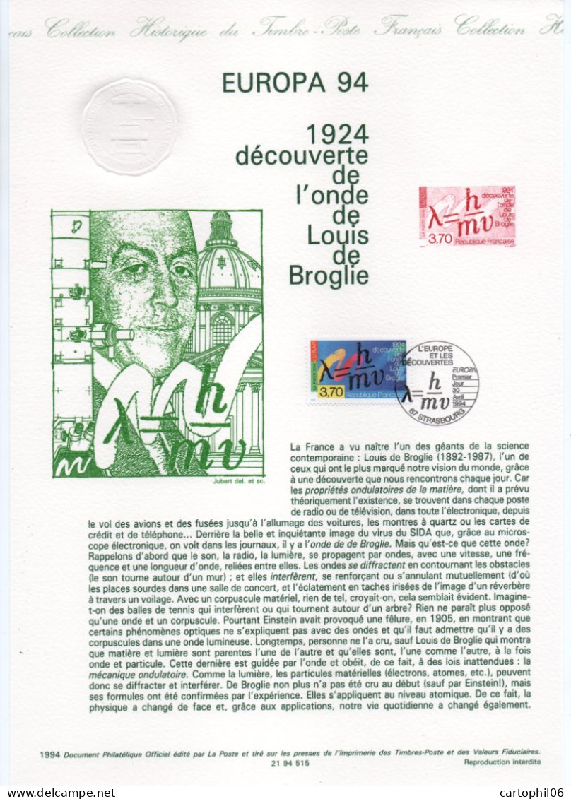 - Document Premier Jour EUROPA 94 - 1924 Découverte De L'onde De Louis De Broglie - STRASBOURG 30.4.1994 - - 1994