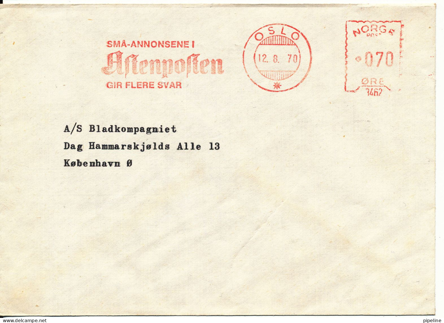 Norway Cover With Meter Cancel Oslo 12-8-1970 Sent To Denmark (Aftenposten) - Storia Postale