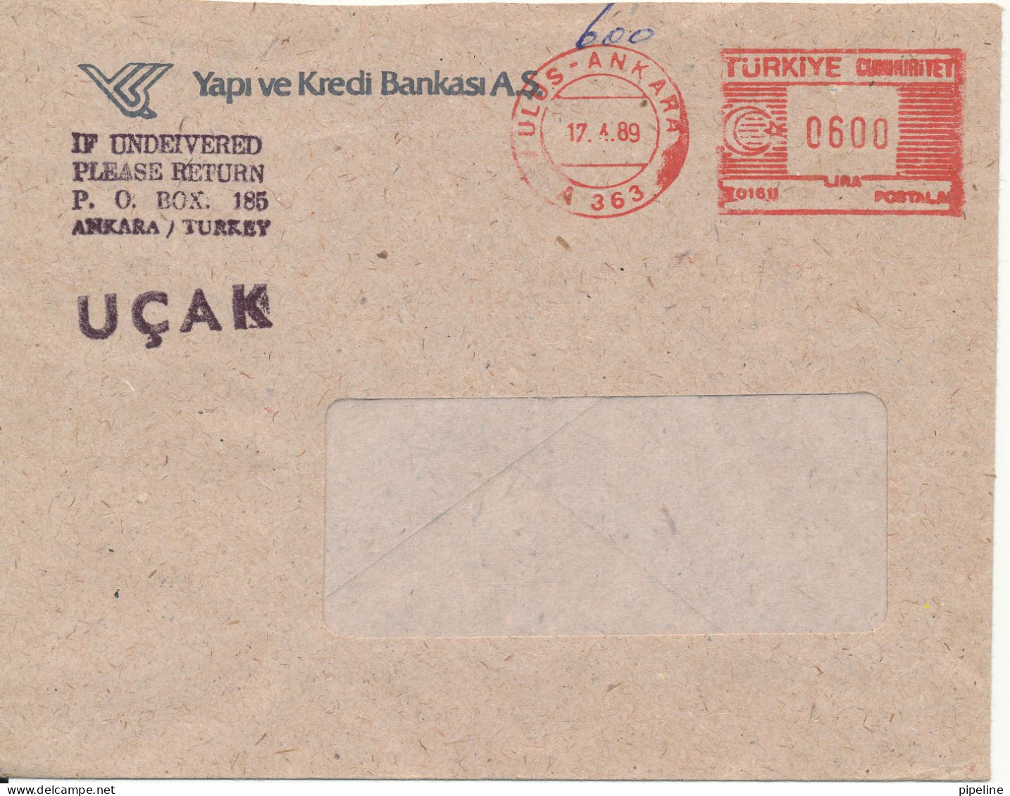 Turkey Bank Cover With Meter Cancel Ulus Ankara 17-4-1989 (Yapi Ve Kredi Bankasi A.S.) - Lettres & Documents