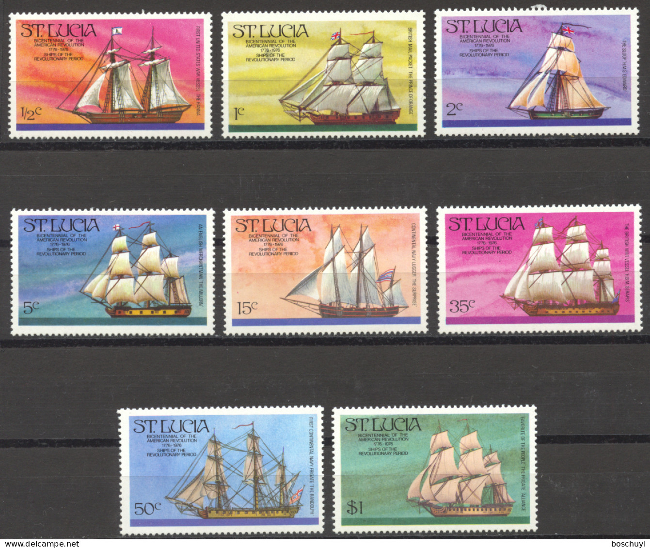 St Lucia, 1976, USA Bicentennial, Sailing Vessels, Tall Ships, MNH, Michel 372-379A - Ste Lucie (...-1978)