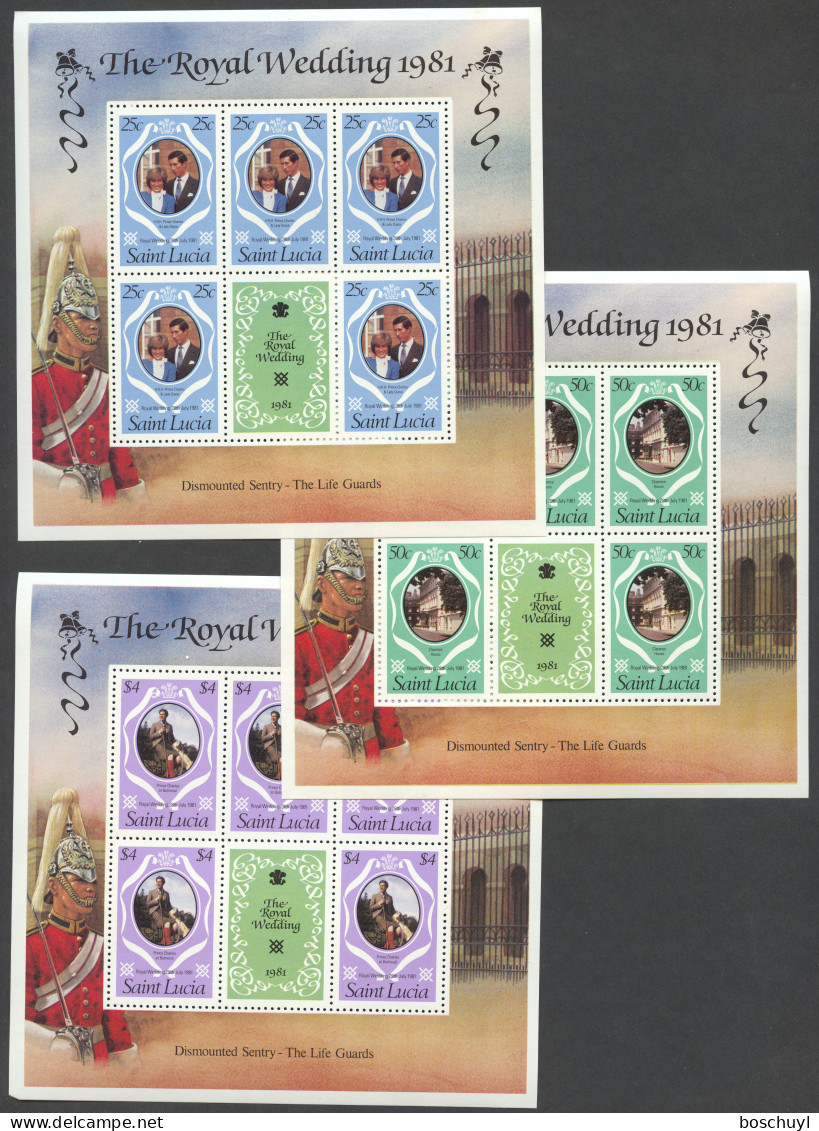 St Lucia, 1981, Royal Wedding Prince Charles And Lady Diana, MNH Sheets, Michel 543-545C - St.Lucie (1979-...)