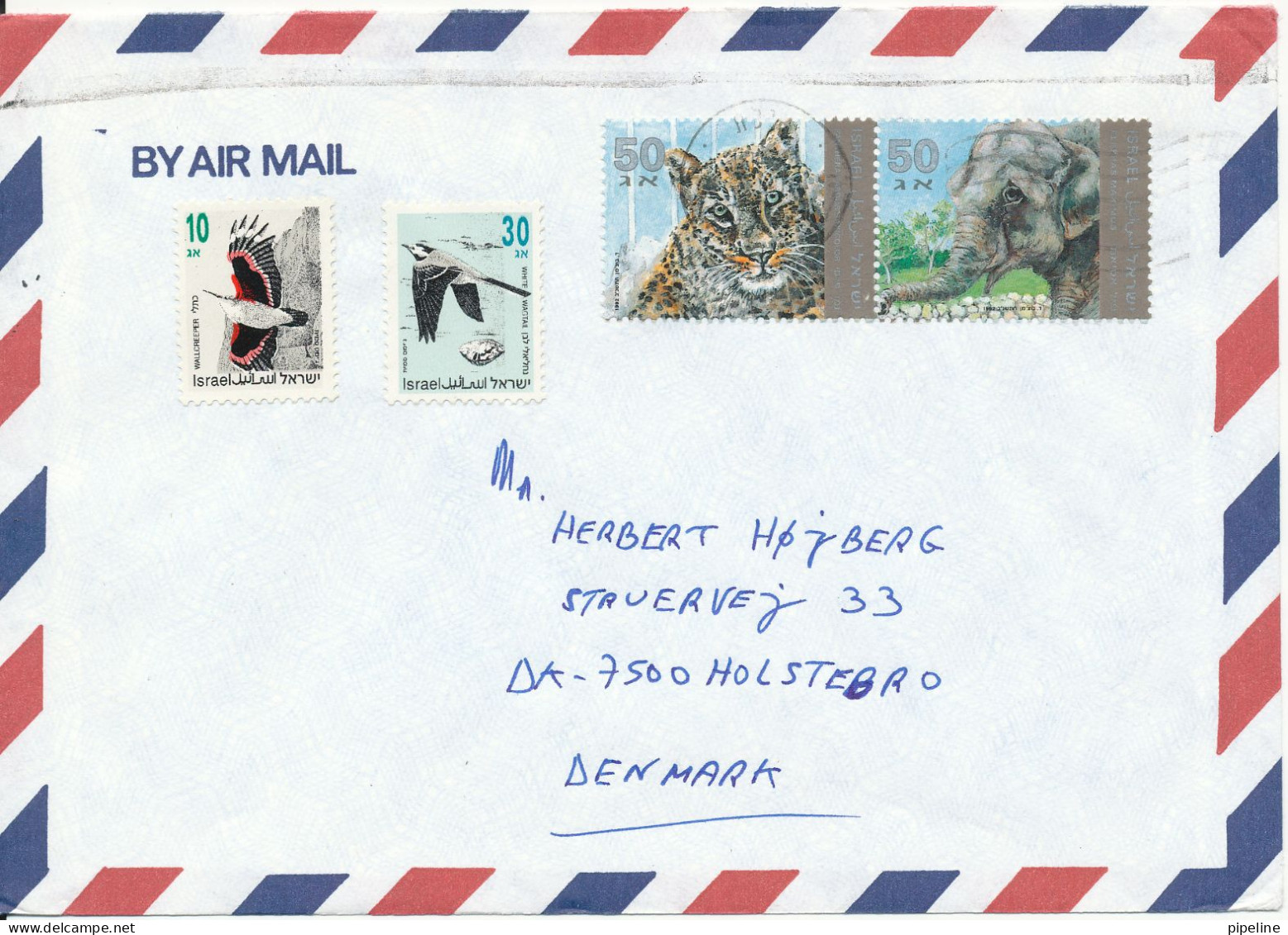 Israel Air Mail Cover Sent To Denmark With Panther And Elephant Stamps - Luftpost