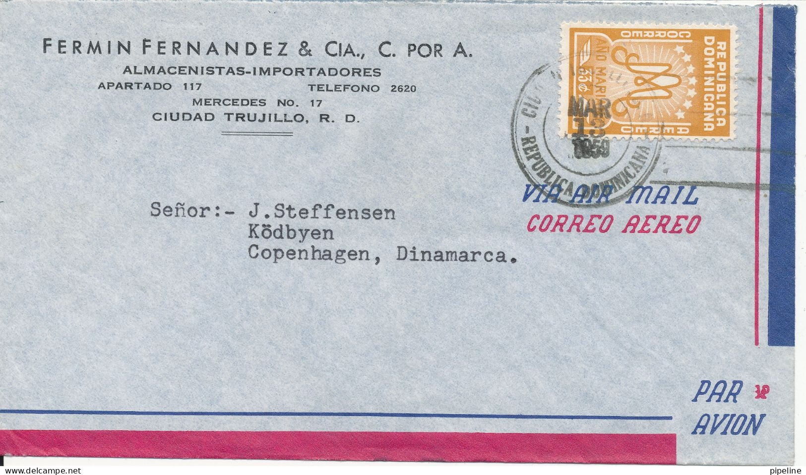 Dominican Air Mail Cover Sent To Denmark Ciudad Trujillo 13-3-1959 Single Stamped - Dominican Republic