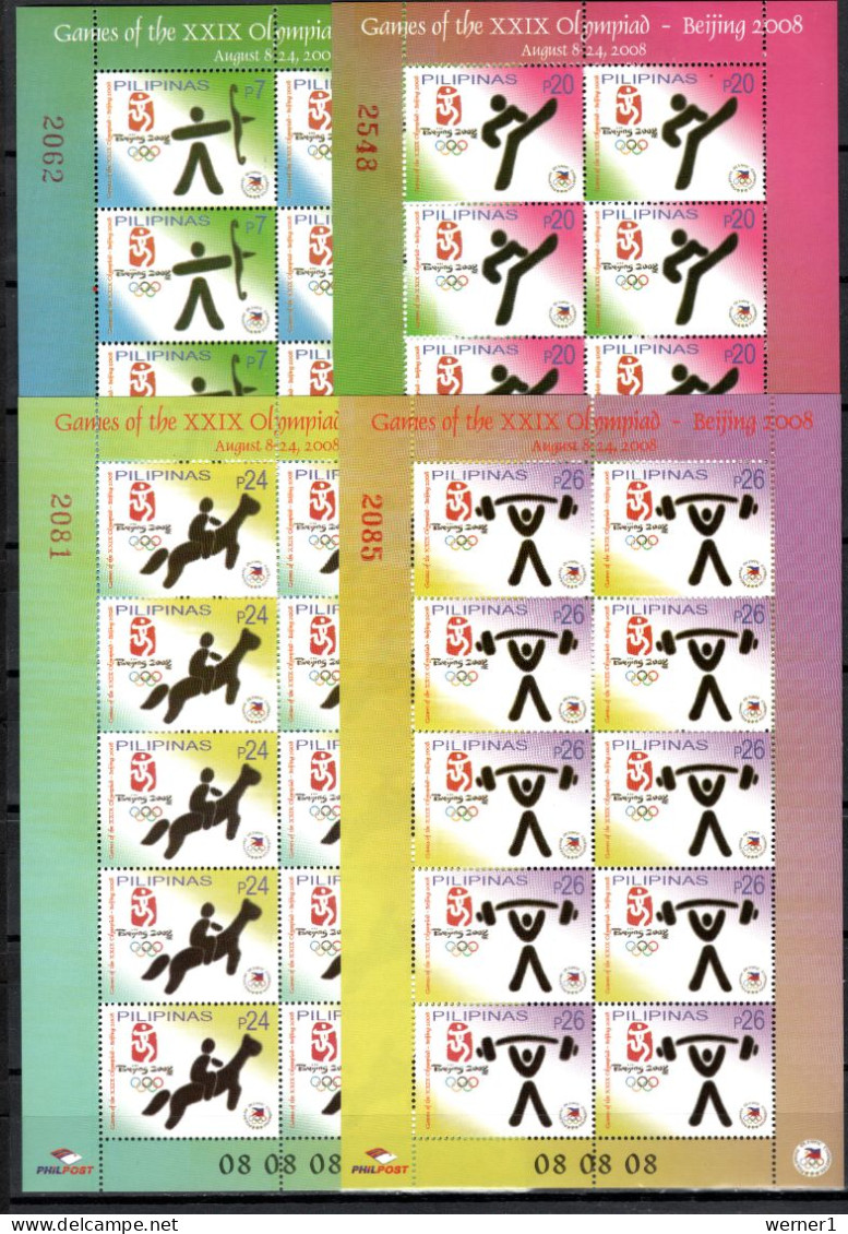 Philippines 2008 Olympic Games Beijing, Archery, Judo, Equestrian, Weightlifting Set Of 4 Sheetlets MNH - Estate 2008: Pechino