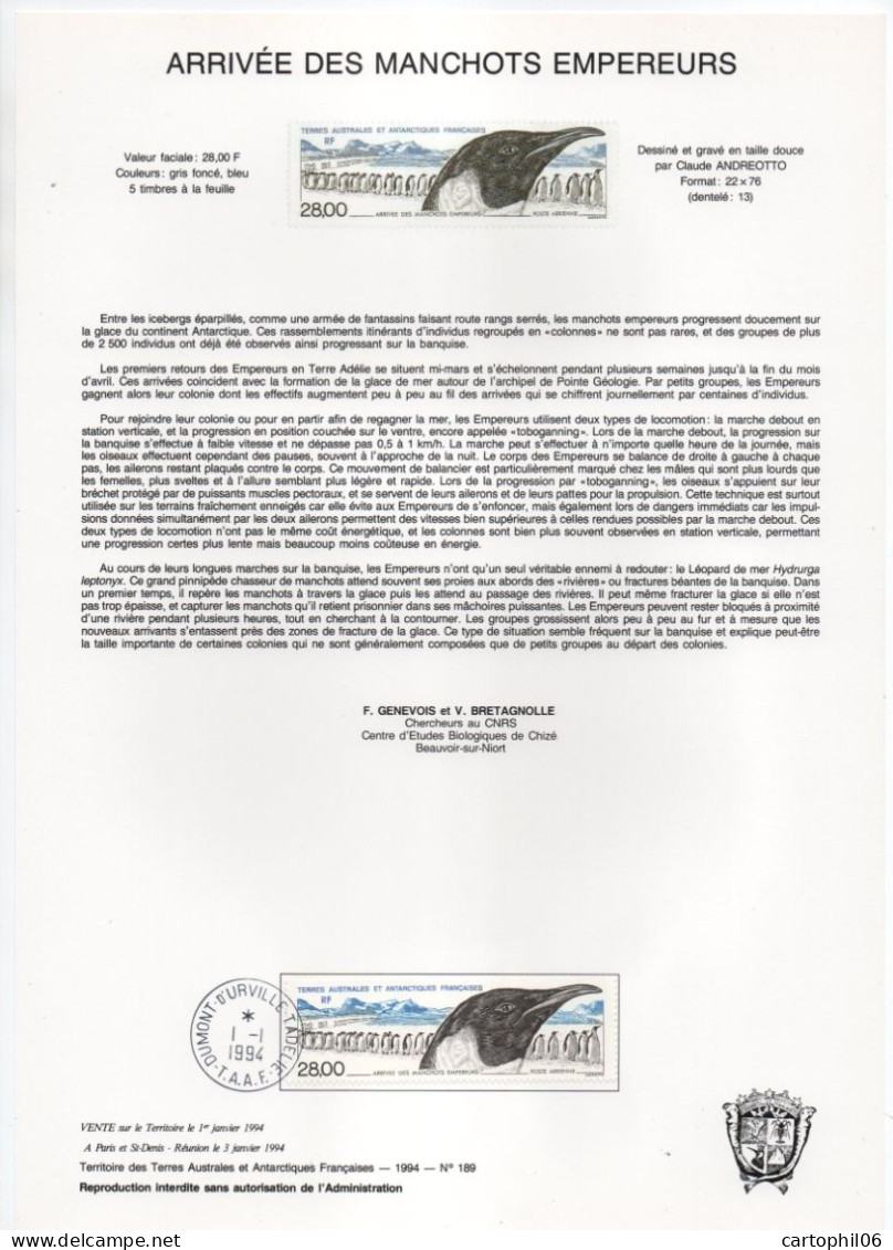 - Document Philatélique L'ARRIVÉE DES MANCHOTS EMPEREURS - DUMONT-D'URVILLE- TERRE ADÉLIE (T.A.A.F.) 1.1.1994 - - Faune Antarctique