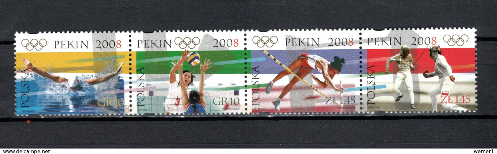 Poland 2008 Olympic Games Beijing, Swimming, Volleyball, Fencing Etc. Strip Of 4 MNH - Estate 2008: Pechino