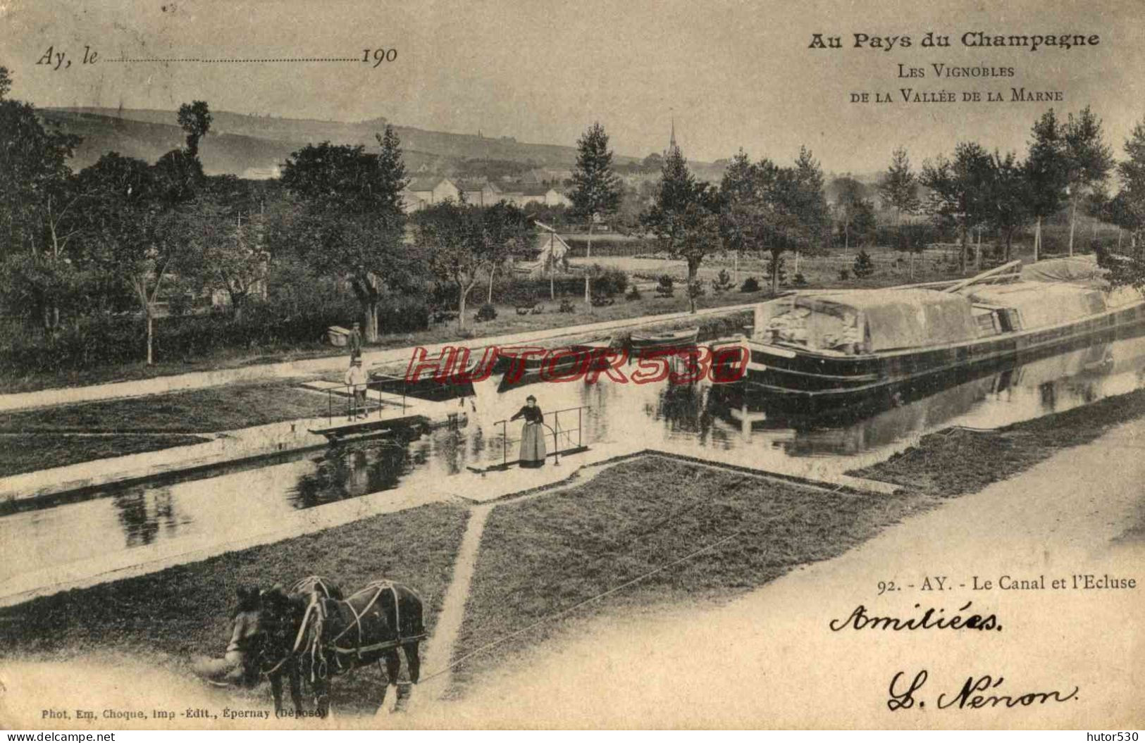 CPA AY EN CHAMPAGNE - LE CANAL ET L'ECLUSE - PENICHE - Ay En Champagne