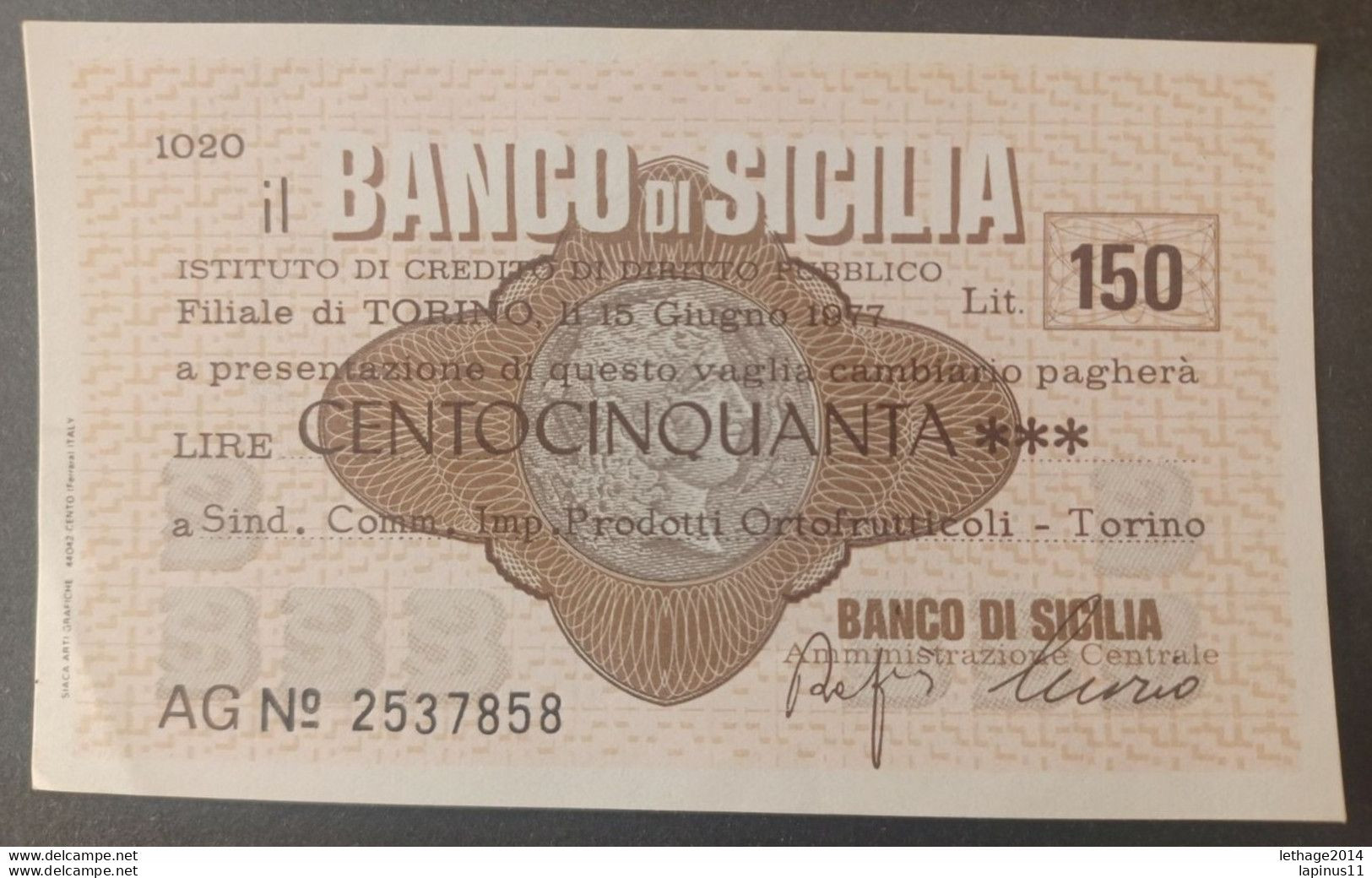 BANKNOTE ITALY MINICHECKS 150 LIRE BANCO DI SICILIA 1977 FDS - [10] Scheck Und Mini-Scheck