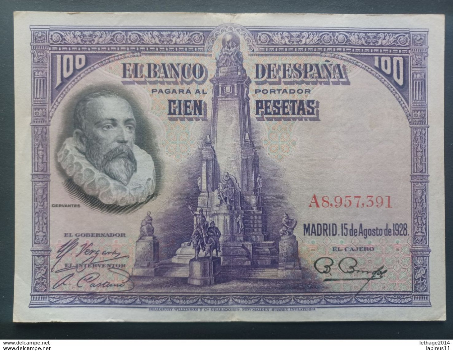 BANKNOTE SPAIN 100 PESETAS CERVANTES 1928 UNCIRCULATED - [ 4] 1975-…: Juan Carlos I.