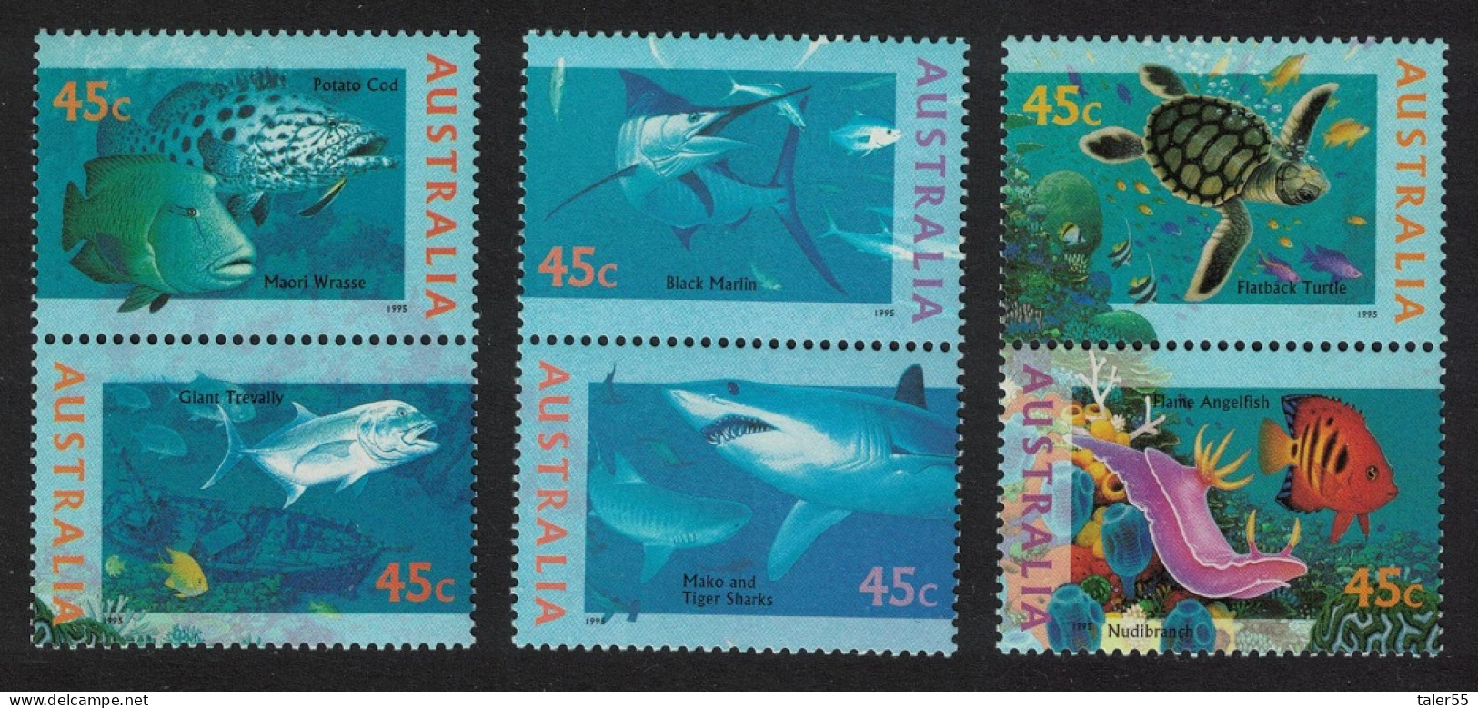 Australia Shark Marlin Turtle Angelfish Marine Life 3 Pairs 1995 MNH SG#1556-1561 - Mint Stamps