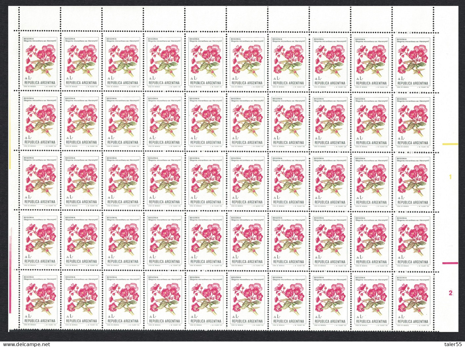 Argentina 'Begonia Micranthera' Flower A1.- Half Sheet 50 Stamps 1985 MNH SG#1941 - Ungebraucht