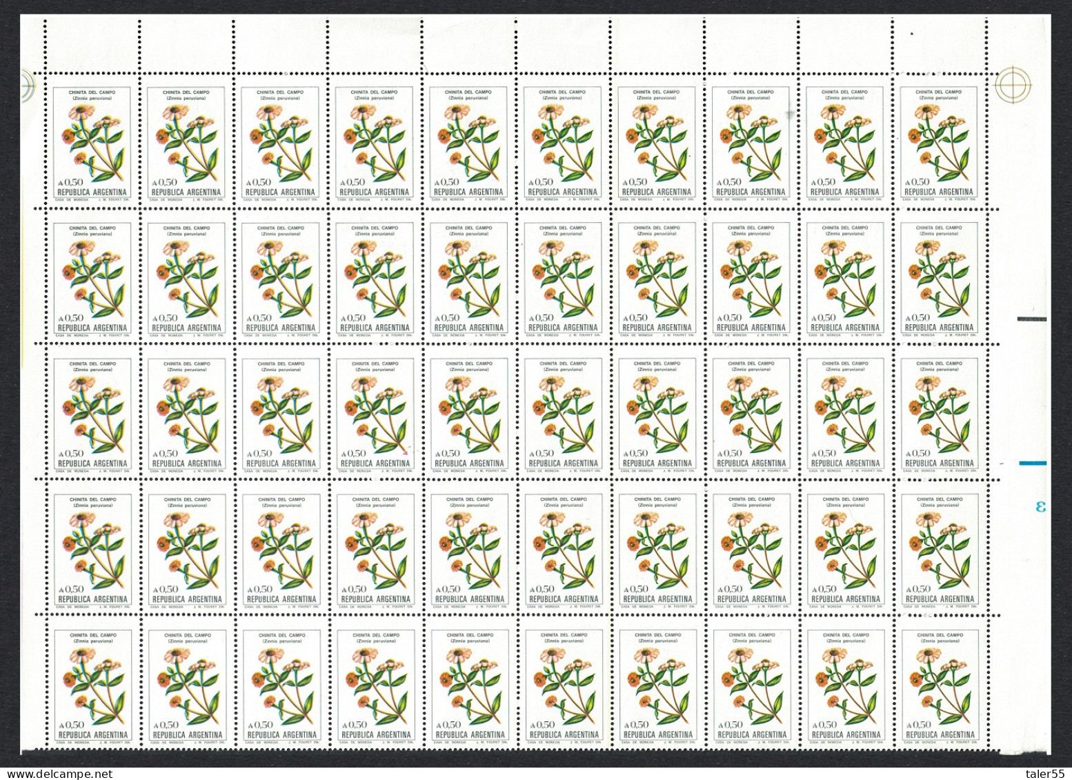 Argentina 'Zinnia Peruvianai' Flower A0.50- Half Sheet 50 Stamps 1985 MNH SG#1938 - Neufs