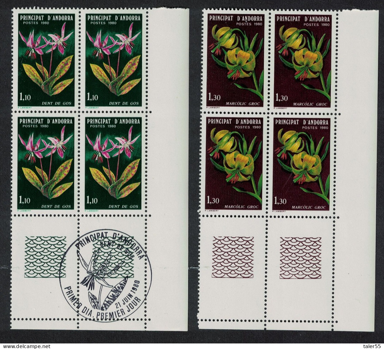 Andorra Fr. Lily Violet Nature Protection Flowers 2v Corner Blocks Of 4 1980 MNH SG#F305-F306 MI#307-308 Sc#281-282 - Neufs