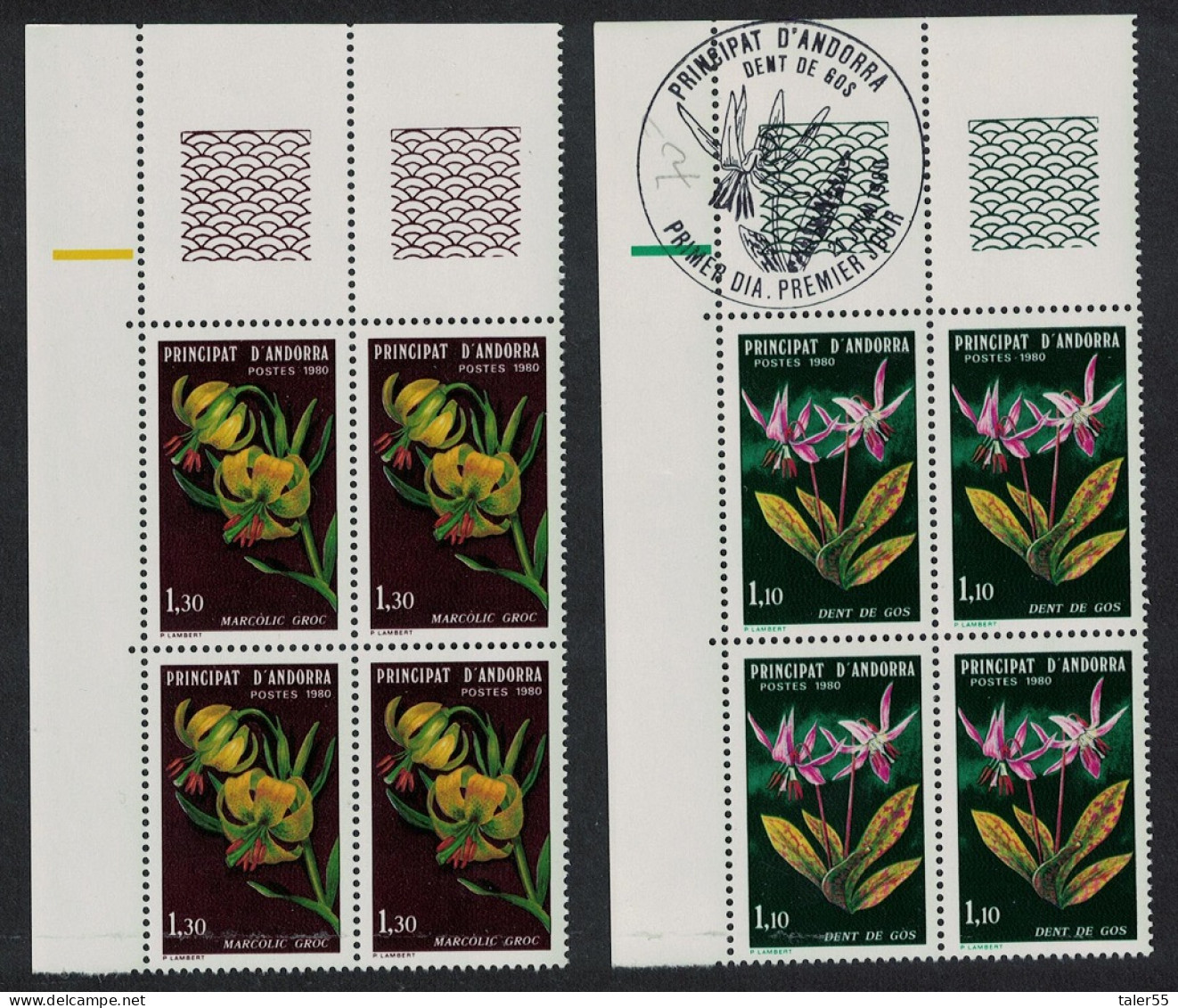 Andorra Fr. Lily Violet Flowers 2v Corner Blocks Of 4 T2 1980 MNH SG#F305-F306 MI#307-308 Sc#281-282 - Neufs