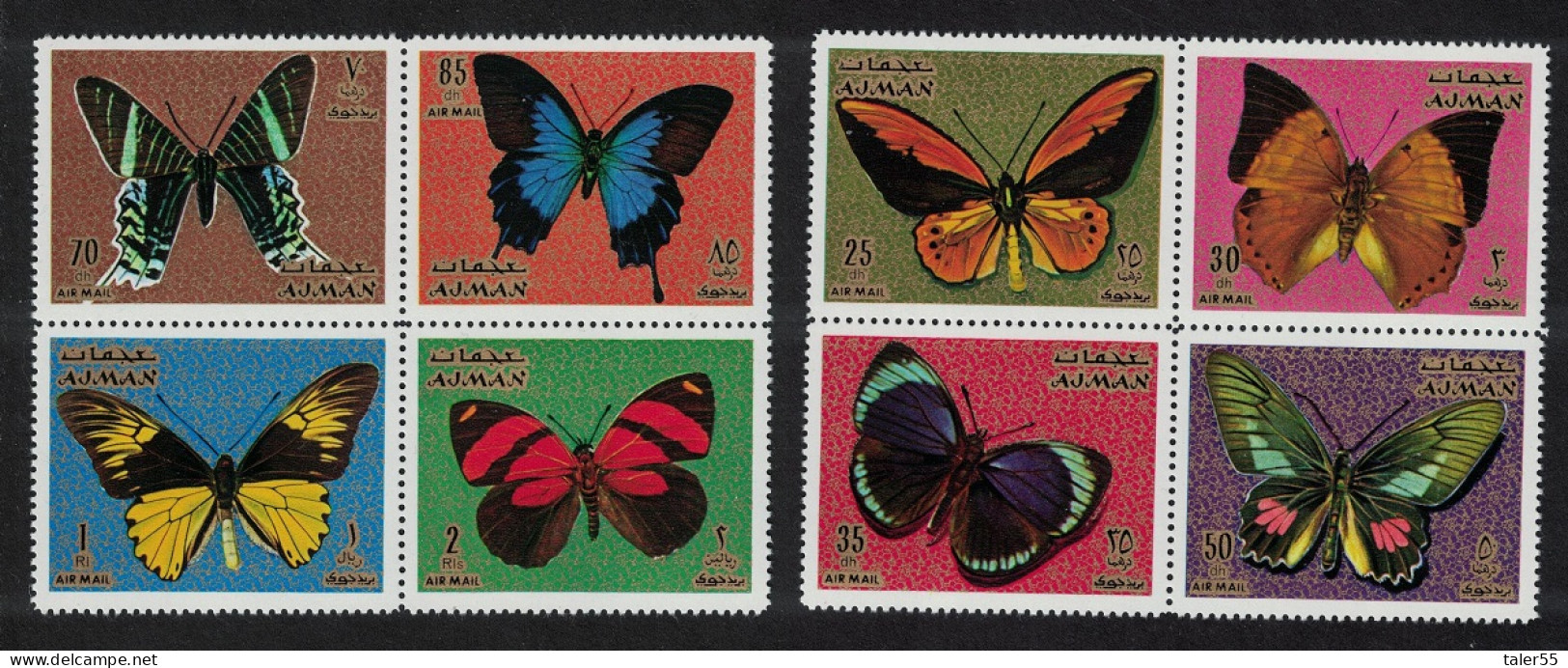 Ajman Butterflies 8v Blocks Of 4 1971 MNH MI#747A-754A - Ajman