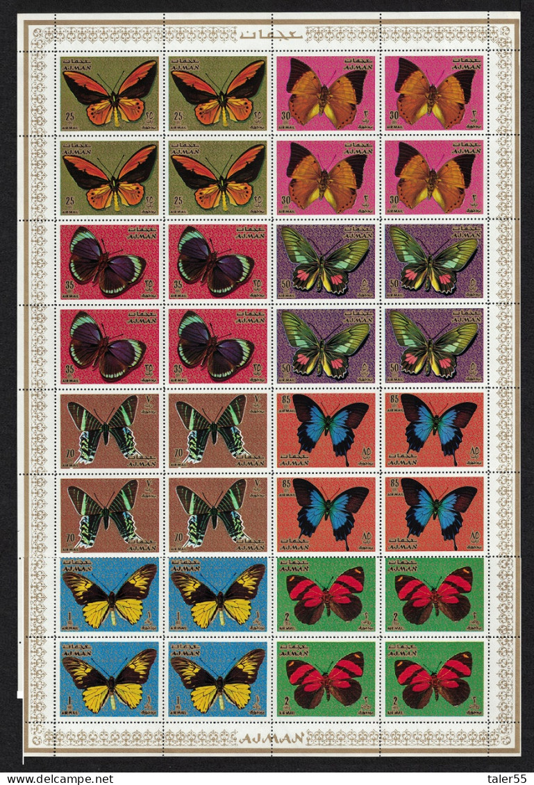 Ajman Butterflies 8v Full Sheet Of 4 Sets 1971 MNH MI#747A-754A - Ajman