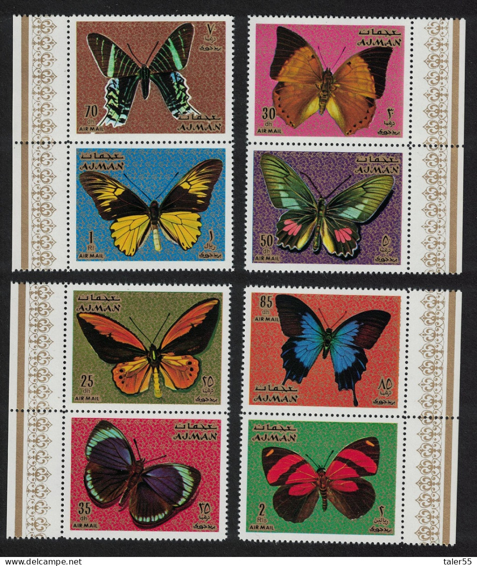 Ajman Butterflies 8v Vertical Pairs 1971 MNH MI#747A-754A - Adschman