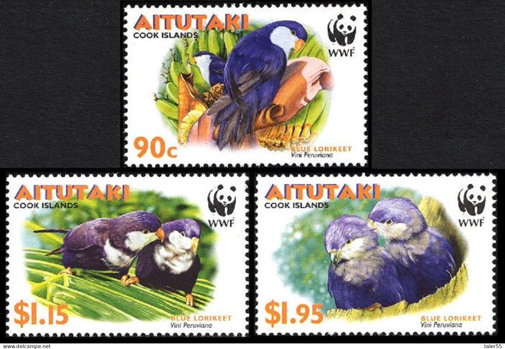 Aitutaki Birds WWF Tahitian Blue Lorikeet 3v 2002 MNH SG#718-720 MI#773-775 Sc#5343-536 - Aitutaki