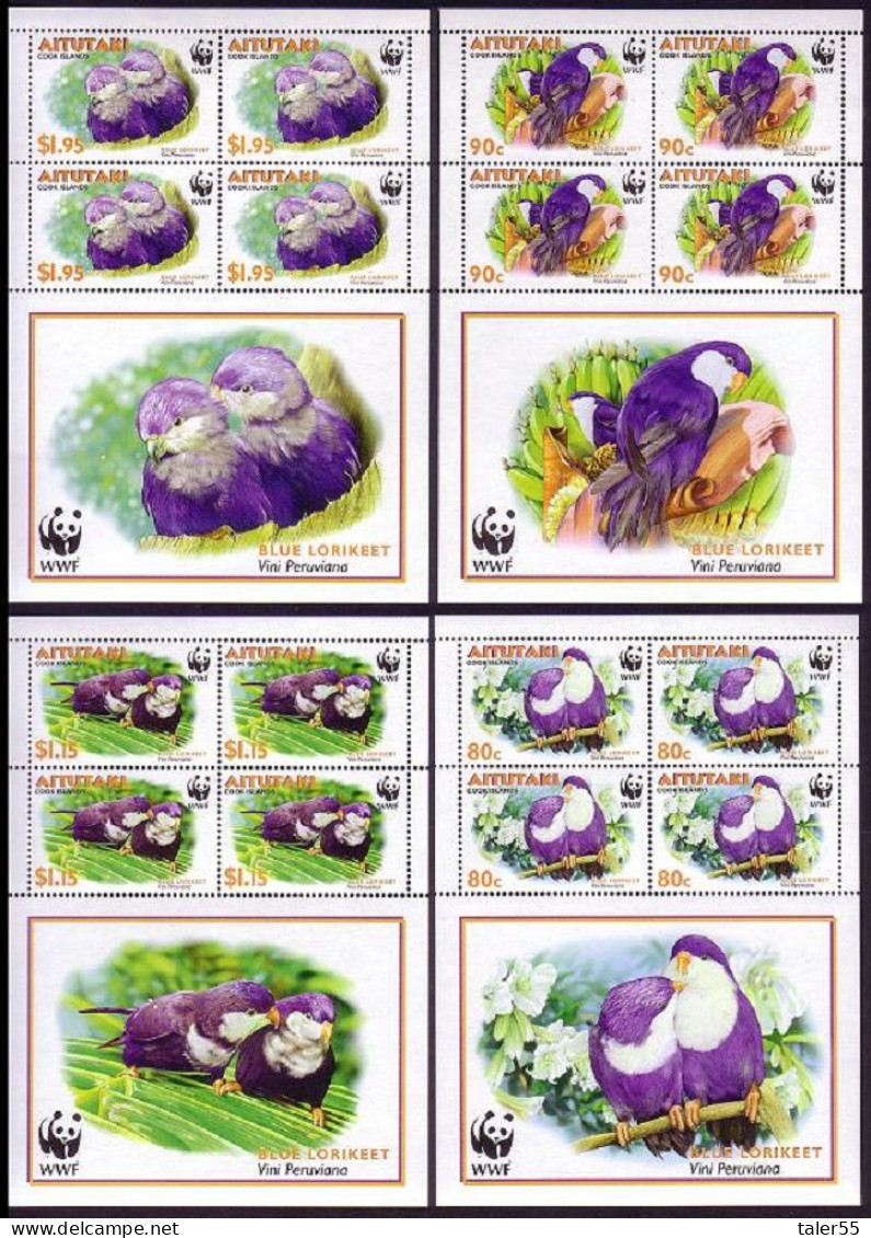 Aitutaki Birds WWF Tahitian Blue Lorikeet 4 Sheetlets 2002 MNH SG#717-720 MI#772-775 Sc#533-536 - Aitutaki