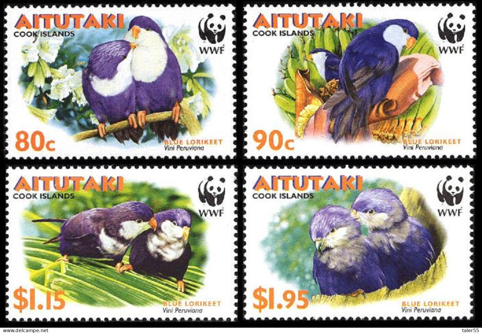 Aitutaki WWF Birds Tahitian Blue Lorikeet 4v 2002 MNH SG#717-720 MI#772-775 Sc#533-536 - Aitutaki