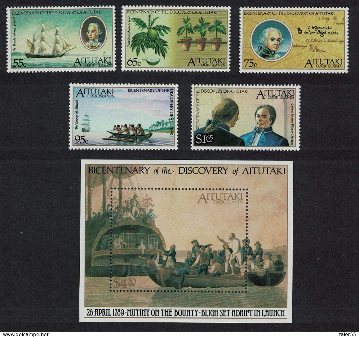 Aitutaki Bicentenary Of Discovery By Captain Bligh 5v+MS 1989 MNH SG#MS601 - Aitutaki