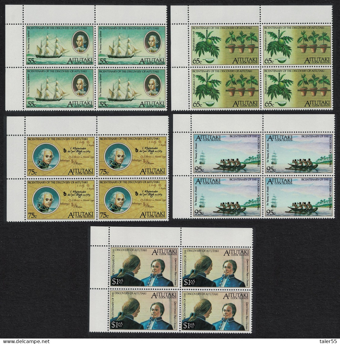 Aitutaki Discovery By Captain Bligh Corner Blocks Of 4 1989 MNH SG#596-600 - Aitutaki