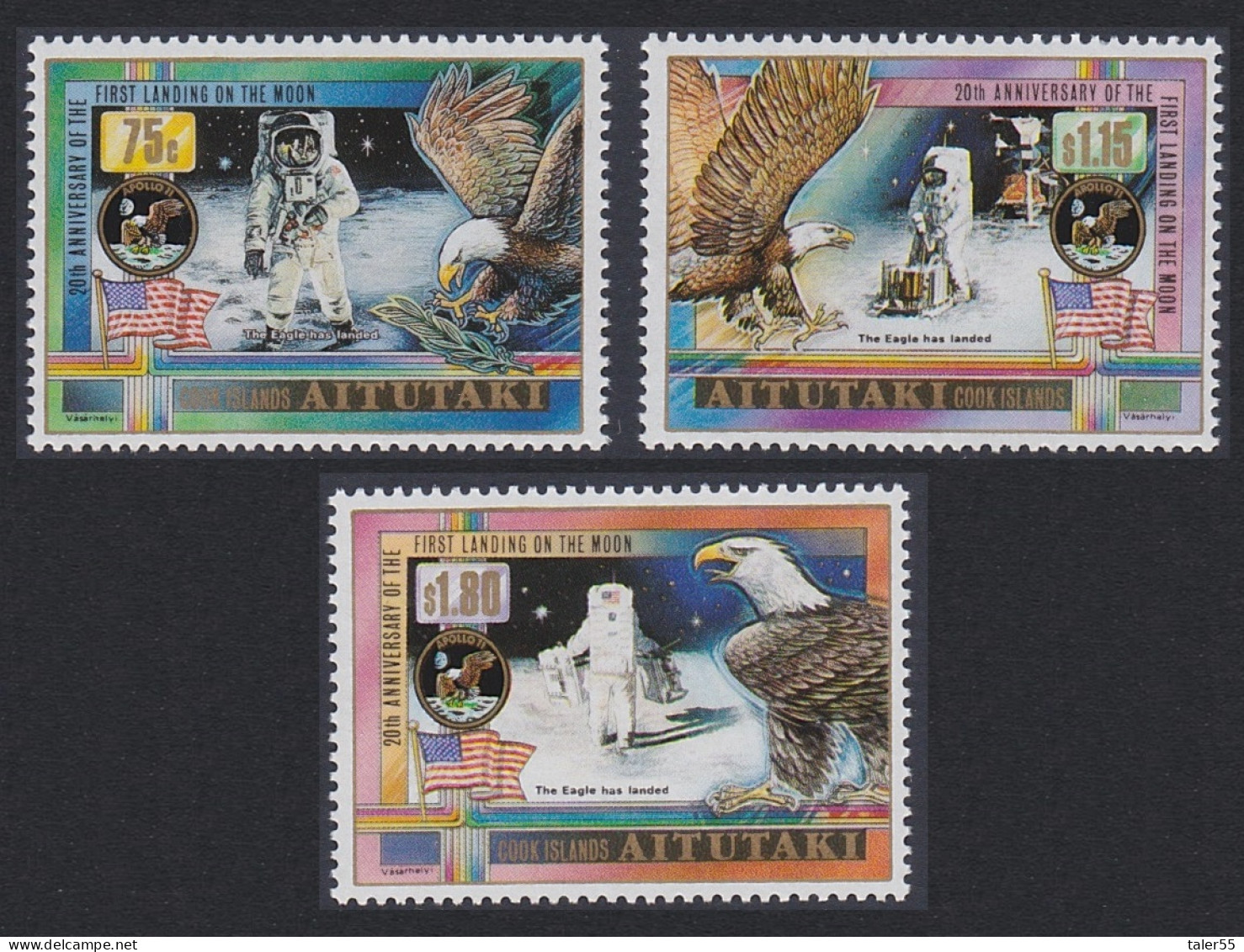 Aitutaki Space American Eagle Birds Landing On Moon 3v 1989 MNH SG#602-604 Sc#435-437 - Aitutaki