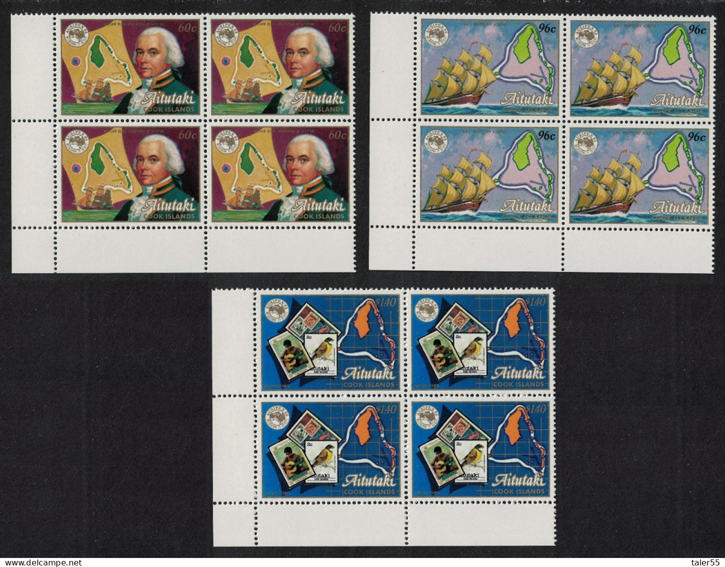 Aitutaki Captain Bligh Ship Map Bird 3v Corner Blocks Of 4 1984 MNH SG#504-506 - Aitutaki