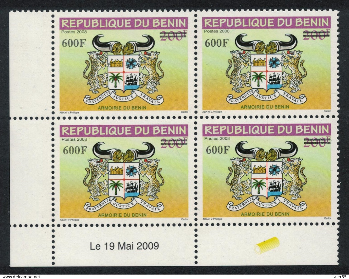 Benin Arms Of Benin Overprint 600F Corner Block Of 4 2009 MNH MI#1638 - Benin – Dahomey (1960-...)