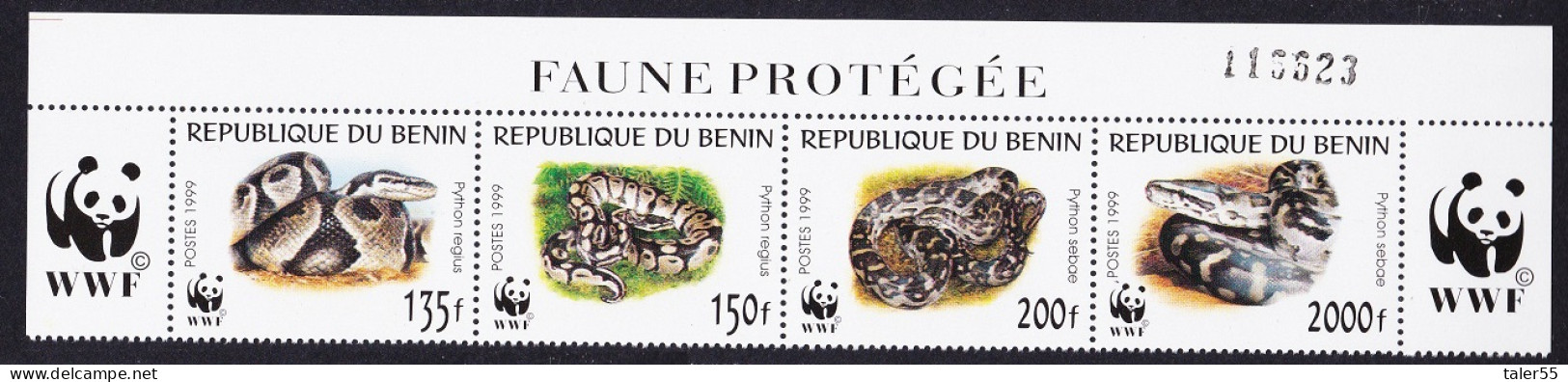 Benin WWF Pythons Top Strip WWF Logo And Number 1999 MNH SG#1812-1815 MI#1159-1162 Sc#1086 A-d - Benin – Dahomey (1960-...)