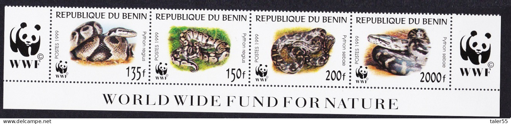 Benin WWF Pythons Bottom Strip WWF Logo 1999 MNH SG#1812-1815 MI#1159-1162 Sc#1086 A-d - Benin – Dahomey (1960-...)