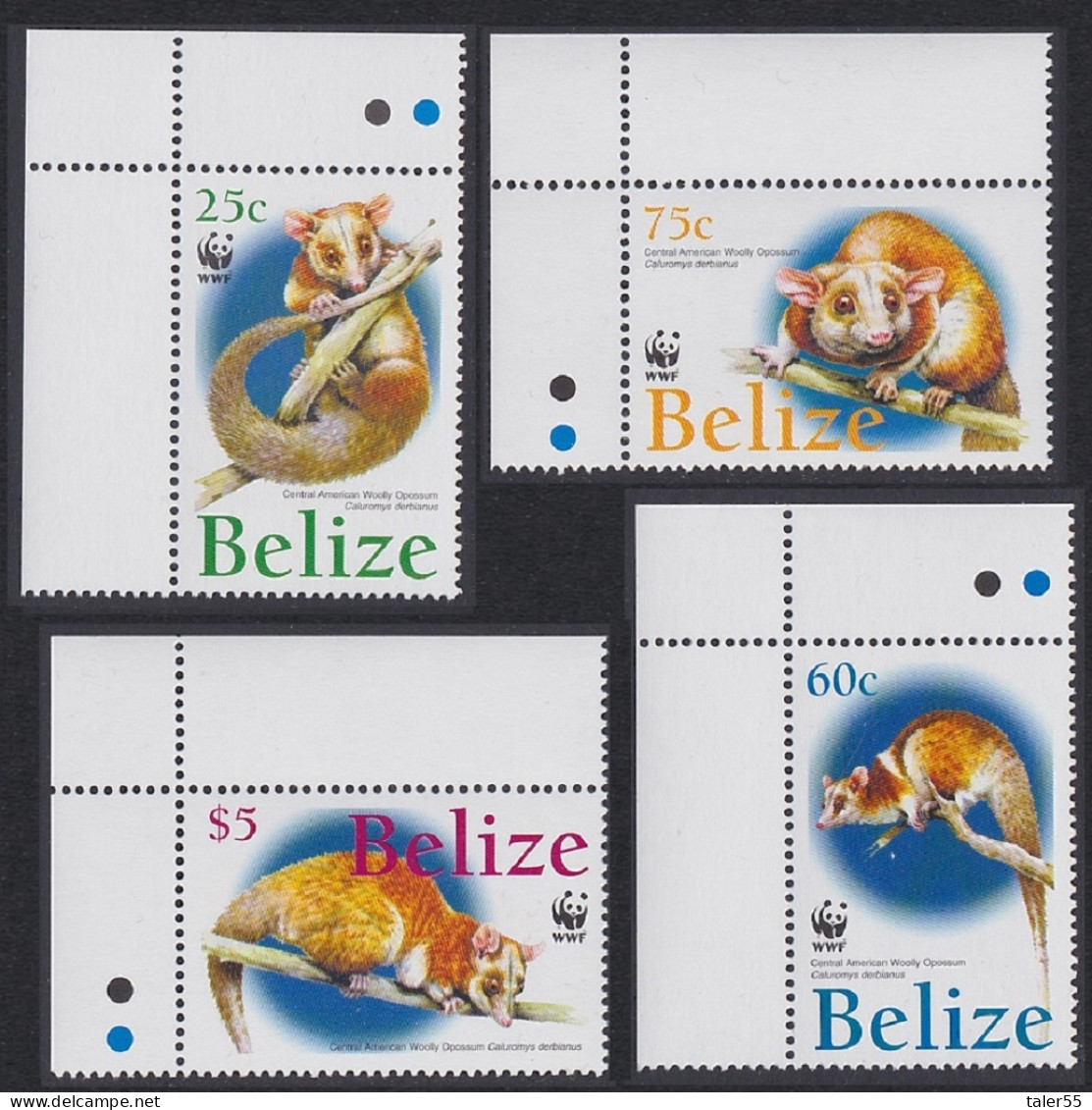 Belize WWF American Woolly Opossum 4v Corners 2004 MNH SG#1315-1318 MI#1283-1286 Sc#1177-1180 - Belice (1973-...)