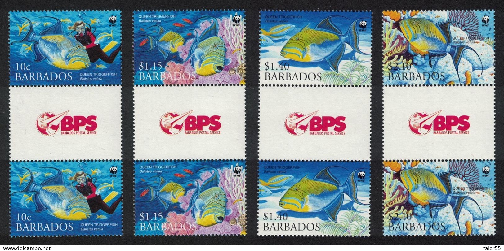 Barbados WWF Queen Triggerfish Diving Fish 4 Gutter Pairs 2006 MNH SG#1290-1293 MI#1119-1122 Sc#1102-1105 - Barbades (1966-...)