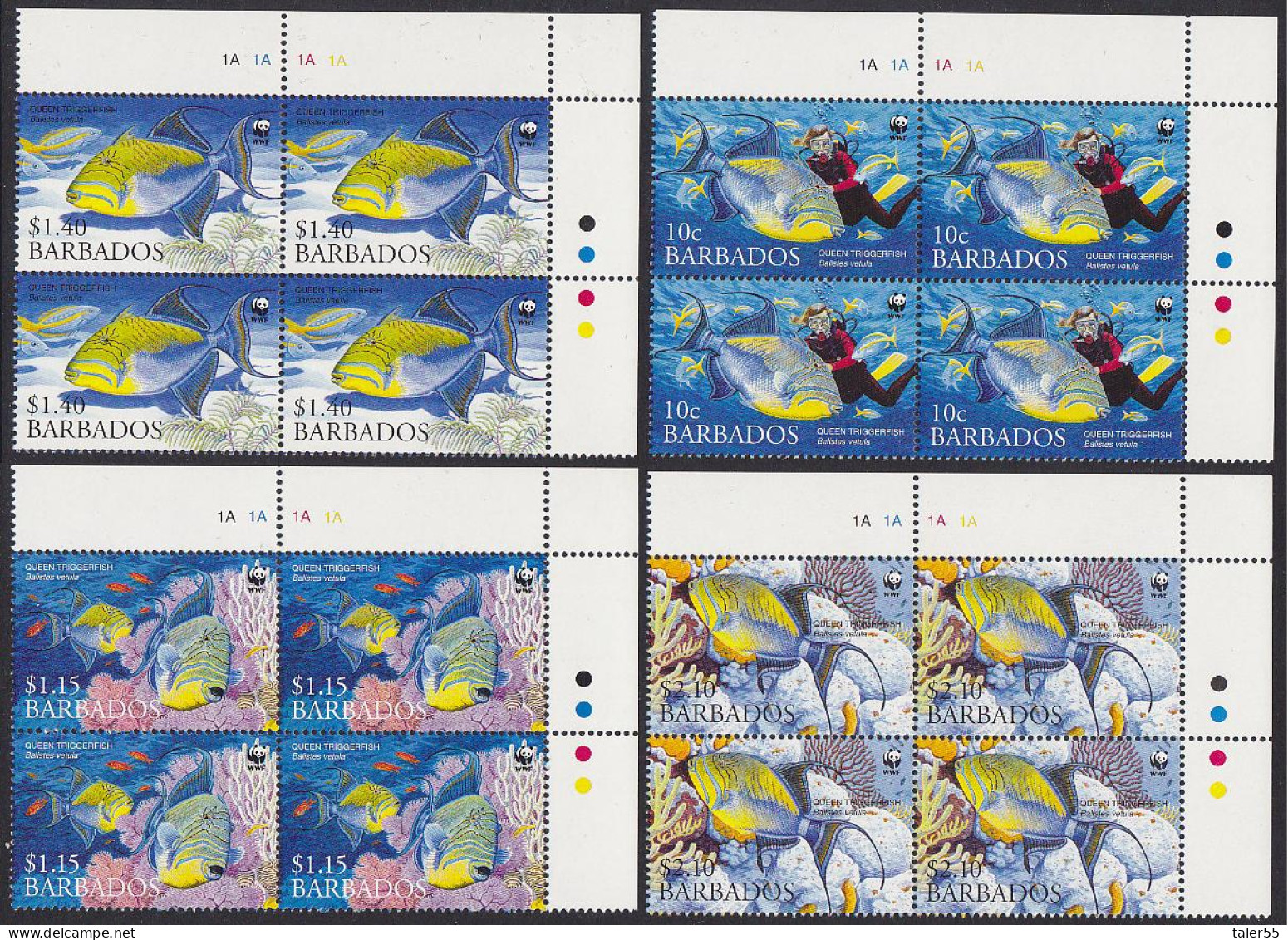 Barbados WWF Queen Triggerfish Diving 4v Corner Blocks Of 4 2006 MNH SG#1290-1293 MI#1119-1122 Sc#1102-1105 - Barbades (1966-...)