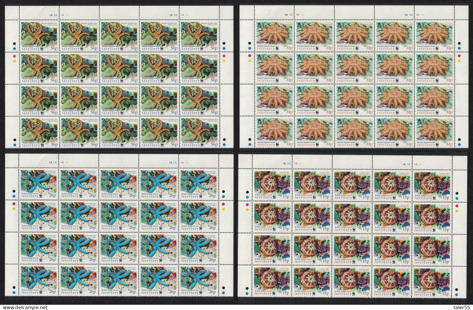 BIOT WWF Sea Stars 4v Blocks Of 20v [A] 2001 MNH SG#253-256 MI#266-269 Sc#231-234 - Territoire Britannique De L'Océan Indien