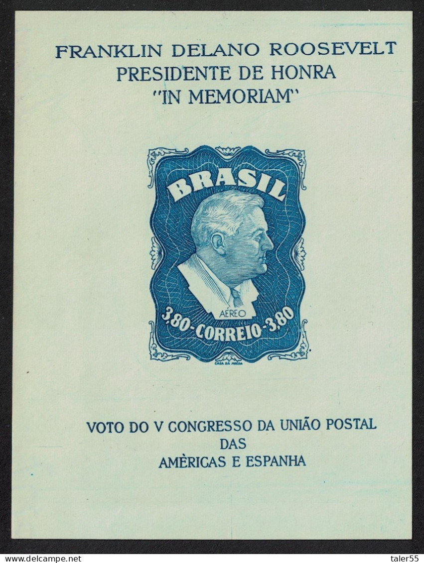 Brazil Franklin D Roosevelt MS WITH WATERMARK RAR! 1949 MNH SG#MS788a MI#Block 10Z Sc#C76a - Unused Stamps
