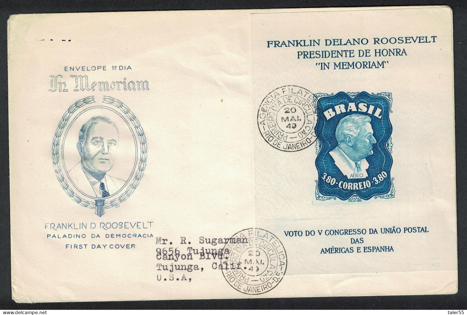 Brazil Franklin D Roosevelt MS WITH WATERMARK On FDC RAR! 1949 SG#MS788a MI#Block 10Z Sc#C76a - Used Stamps