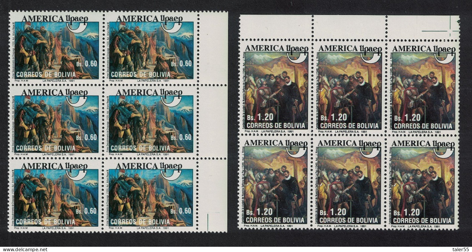 Bolivia America Voyages Of Discovery Paintings UPAEP Blocks Of 6 1991 MNH SG#1232-1233 - Bolivie