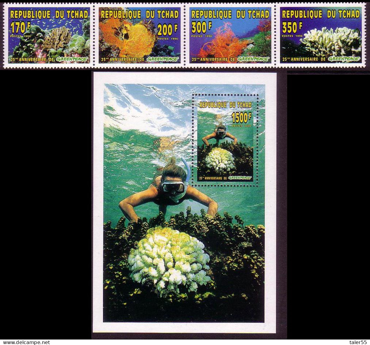 Chad Fish Diving Coral Reef Life Strip 4v+MS 1996 MNH MI#1365A-1368A+Block 260A - Chad (1960-...)