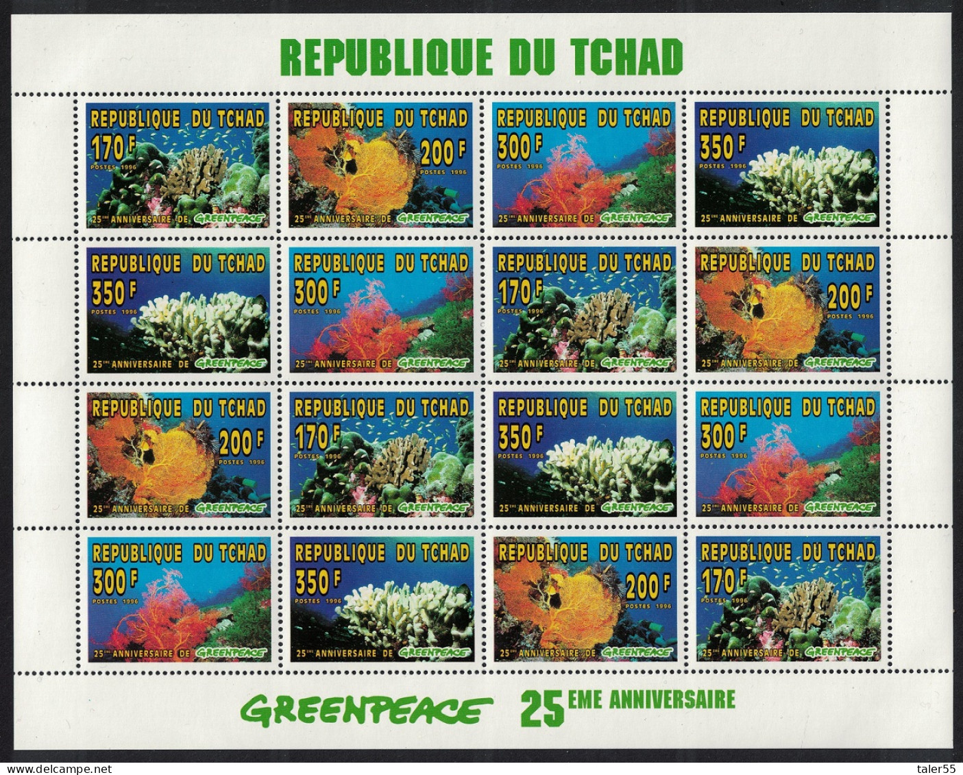 Chad Corals Greenpeace Sheetlet Of 4 Sets 1996 MNH MI#1365-1368 - Ciad (1960-...)