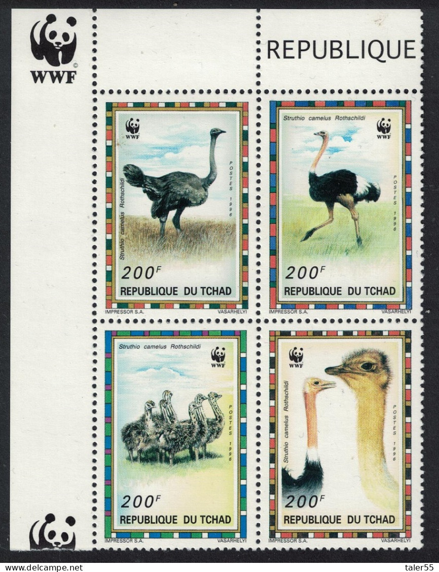 Chad Birds WWF North African Ostrich Corner Block Of 4 1996 MNH MI#1370-1373 Sc#693 A-d - Ciad (1960-...)