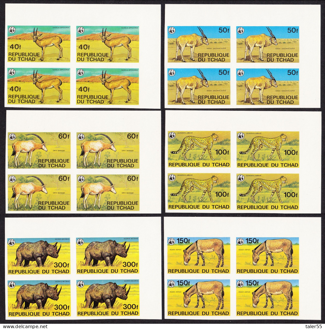 Chad WWF Endangered Animals 6v Imperf Corner Blocks 1979 MNH SG#555-560 MI#849-854B Sc#367-372 - Chad (1960-...)