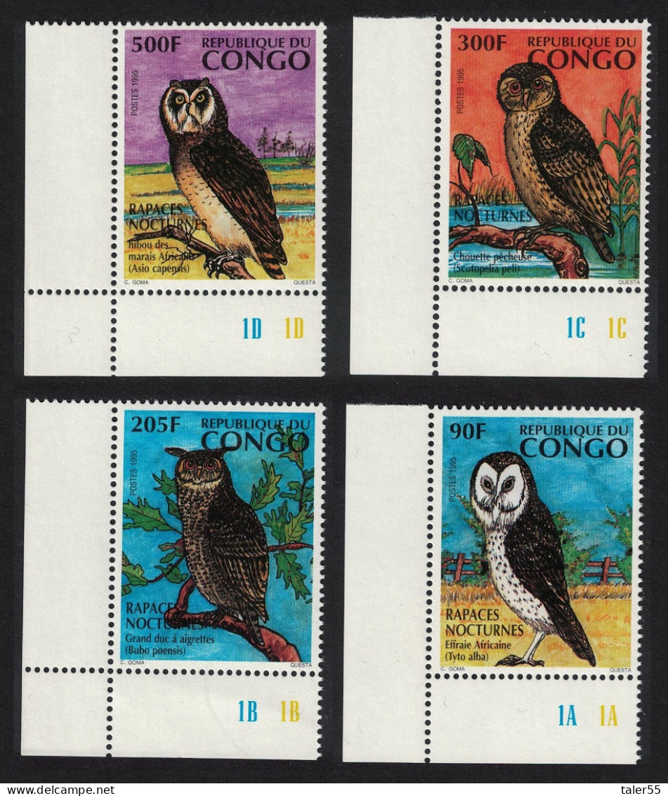 Congo African Owls Birds 4v Corners 1996 MNH SG#1393-1396 MI#1458-1461 - Mint/hinged