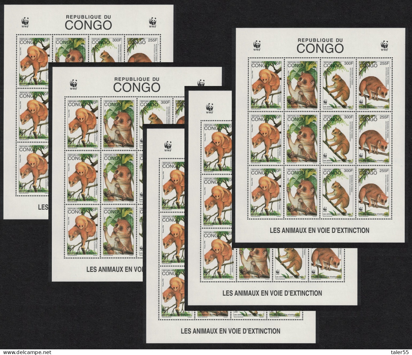 Congo WWF Golden Potto 5 Sheetlets [A] 1997 MNH MI#1504-1507 Sc#1134 A-d - Nuevas/fijasellos