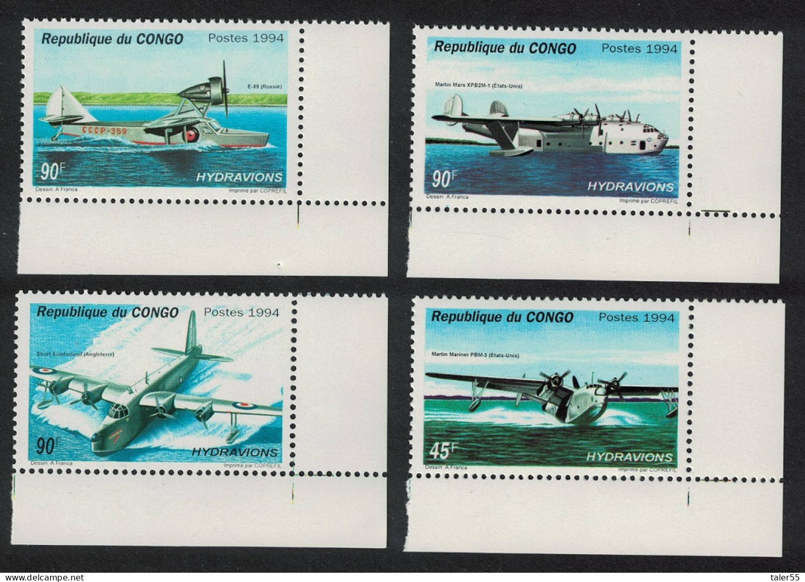 Congo Hydroplanes Aviation 4v Corners 1994 MNH MI#1425-1428 - Mint/hinged