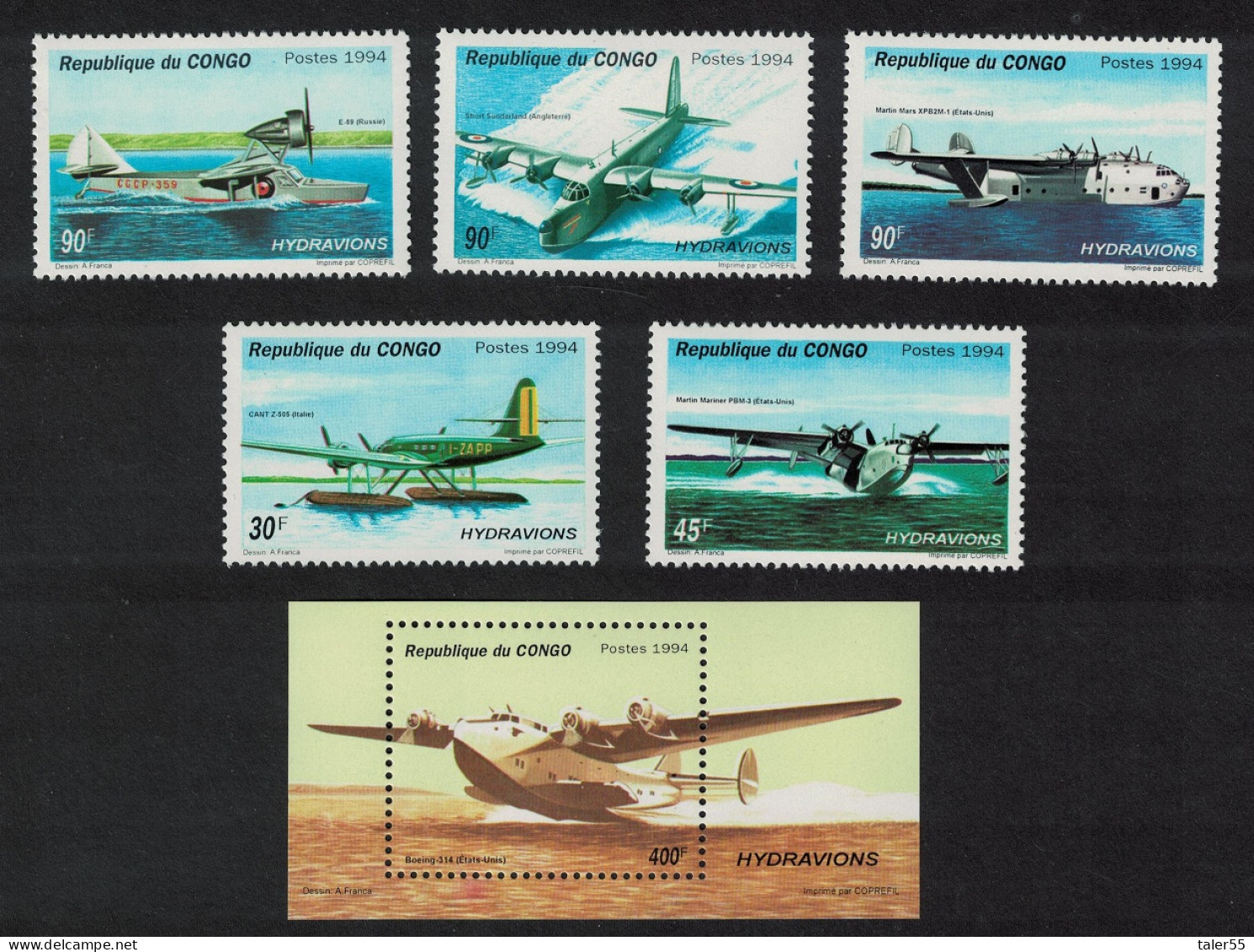 Congo Hydroplanes Aviation 5v+MS 1994 MNH MI#1425-1429+Block 126 - Ungebraucht