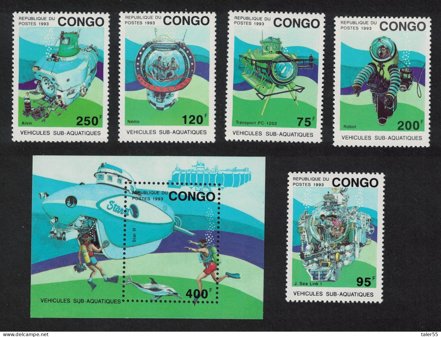 Congo Submarines Underwater Vehicles 5v+MS 1993 MNH MI#1371-1375+Block 112 - Nuevas/fijasellos