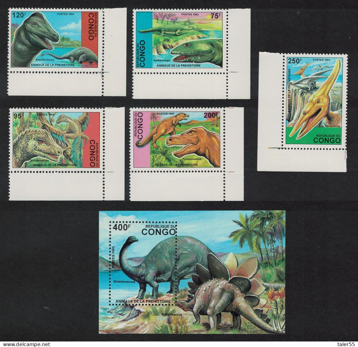 Congo Dinosaurs 5v Corners +MS 1993 MNH MI#1398-1402+Block 124 - Nuovi