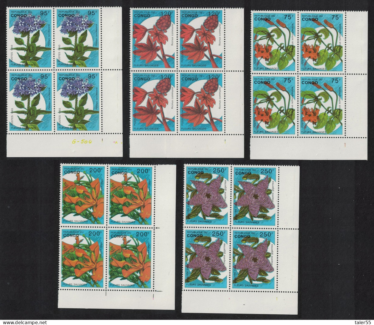 Congo Flowers 5v Corner Blocks Of 4 1993 MNH SG#1375-1379 MI#1387-1391 - Nuovi